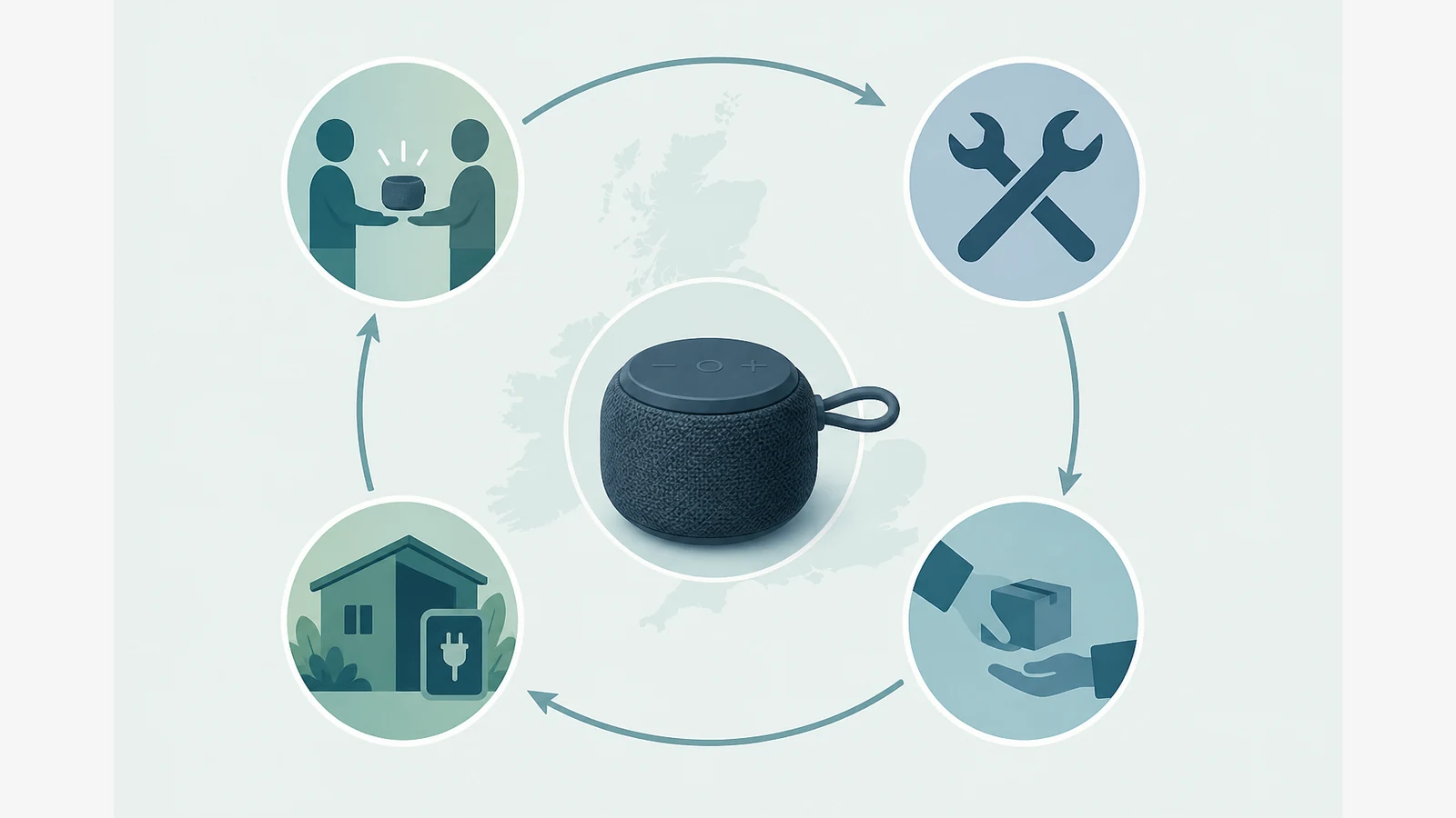 UK Bluetooth speaker recycling flow showing reuse, repair, take-back and electrical recycling options.