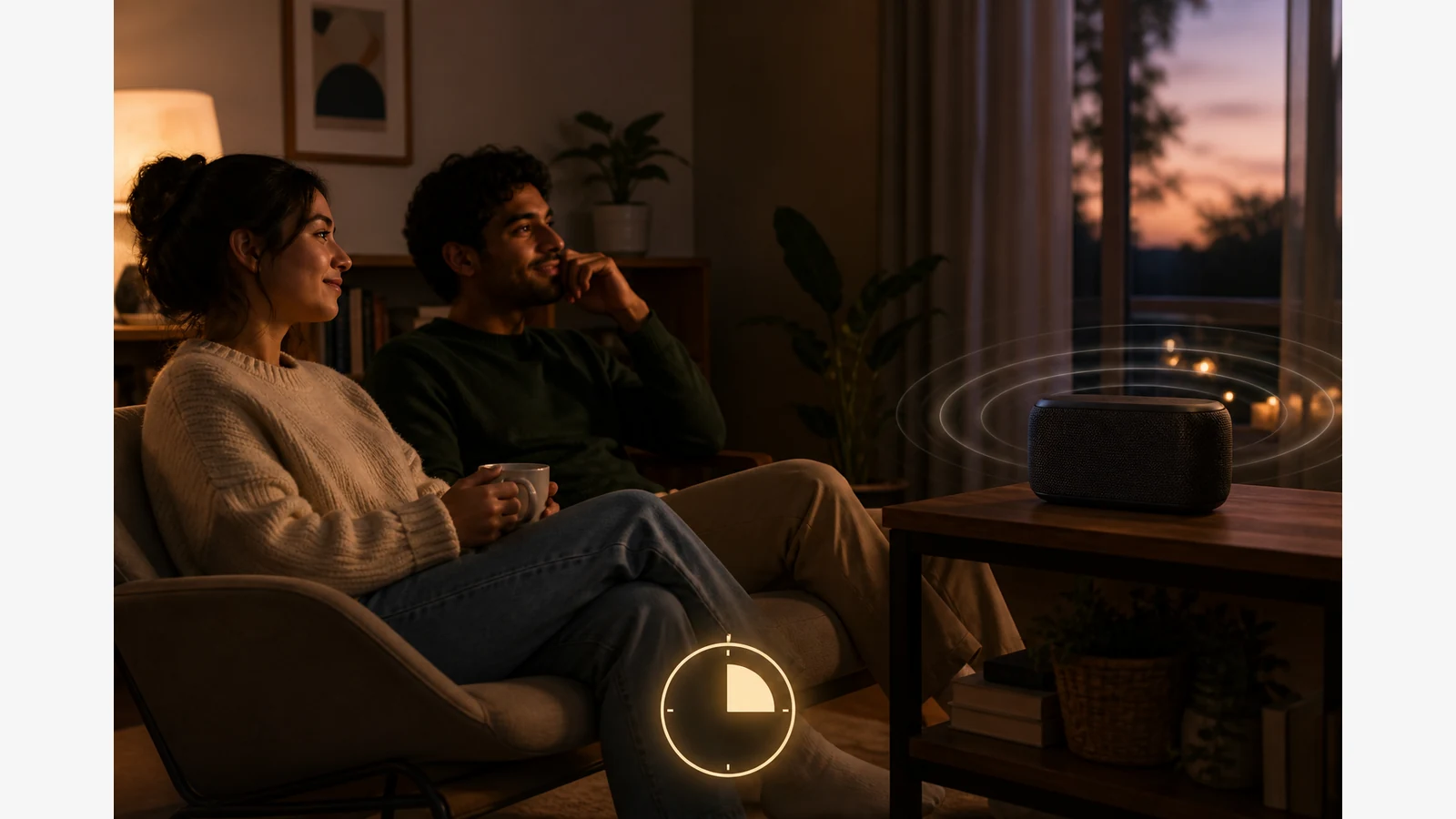 Safe Bluetooth speaker listening scene illustrating moderate volume, distance and regular breaks.